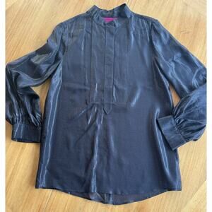 Heidi Merrick Blouse Women’s Size 2 Black Collar Sheer Metallic Thread Accents